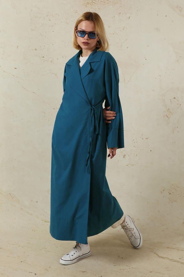 Tie-Waist Linen Trench Coat Indigo - 4