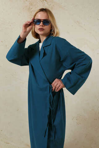 Tie-Waist Linen Trench Coat Indigo - 5