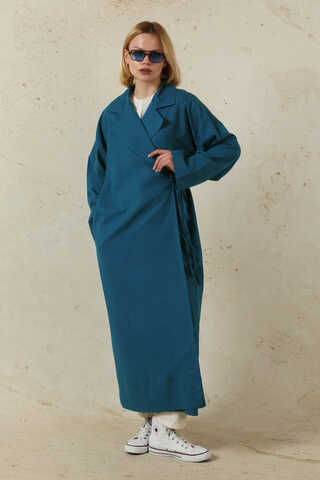 Tie-Waist Linen Trench Coat Indigo - 6