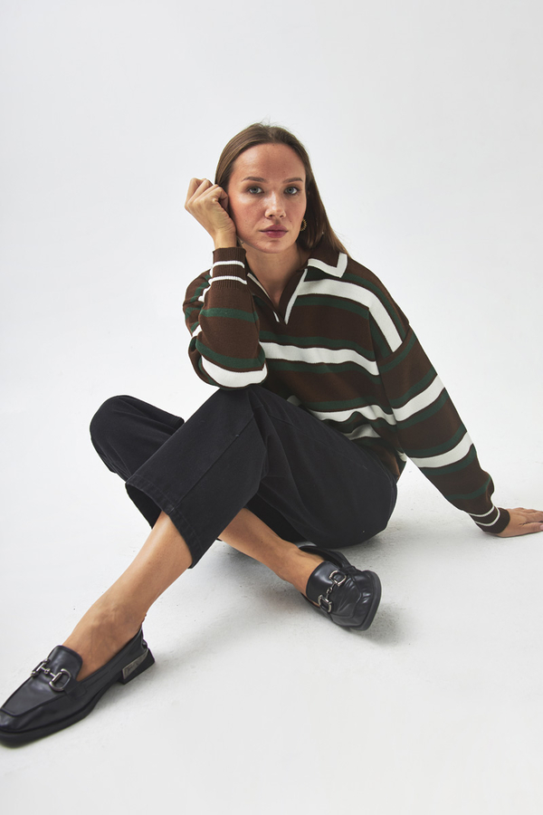 triped Polo Sweater Brown - 2