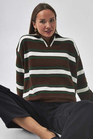 triped Polo Sweater Brown - 1