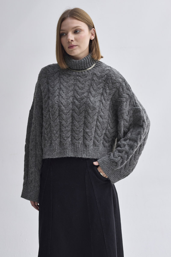 Turtleneck Crop Knit Sweater Anthracite - 3