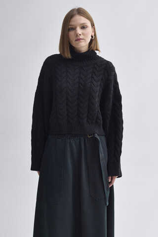 Turtleneck Crop Knit Sweater Black - 8