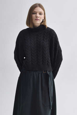 Turtleneck Crop Knit Sweater Black - 6