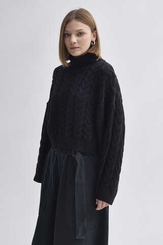 Turtleneck Crop Knit Sweater Black - 3