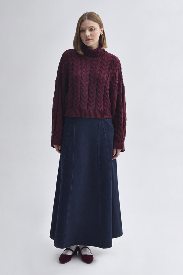 Turtleneck Crop Knit Sweater Burgundy - 6