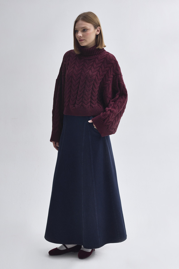 Turtleneck Crop Knit Sweater Burgundy - 4