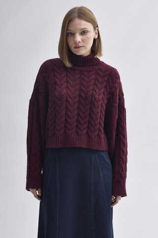 Turtleneck Crop Knit Sweater Burgundy - 1