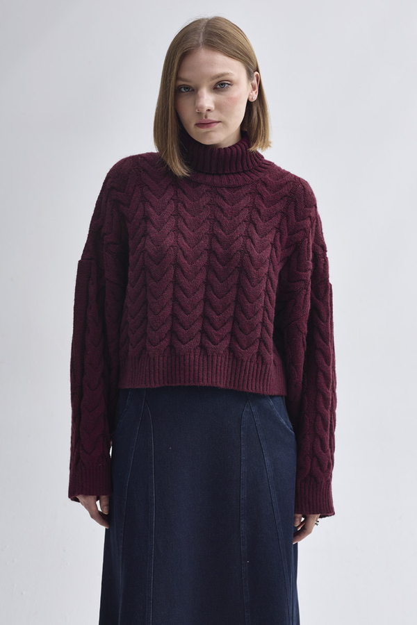 Turtleneck Crop Knit Sweater Burgundy - 1