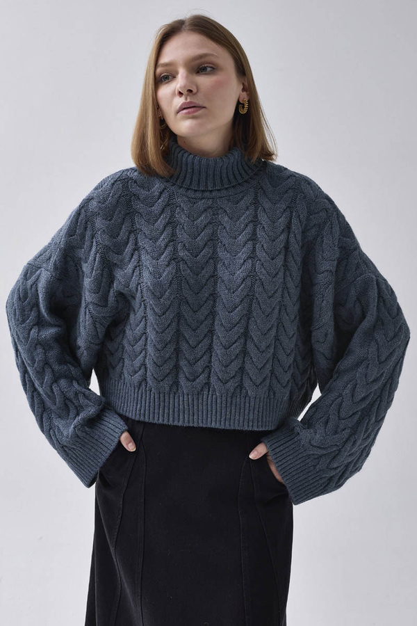 Turtleneck Crop Knit Sweater Indigo - 4