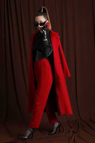Zulays - Uzun Ceket Pantolon Takım Kırmızı
