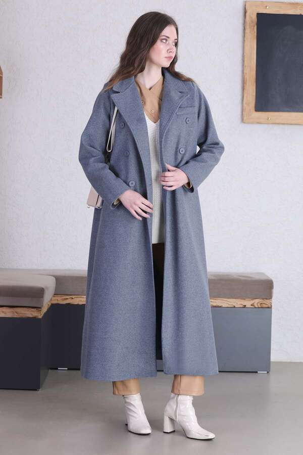 Uzun Oversize Kaşe Kaban Mavi