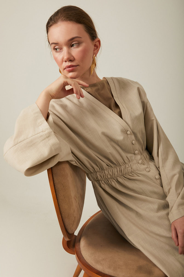 V Neck Abaya Stone - 4