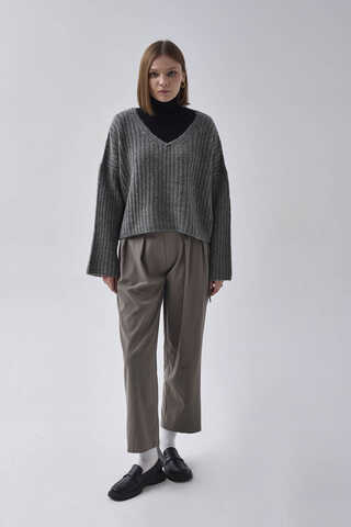 V Neck Crop Knit Sweater Anthracite - 3