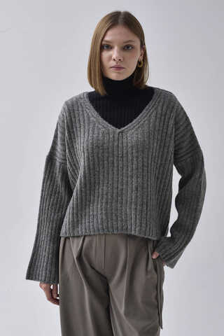V Neck Crop Knit Sweater Anthracite - 1