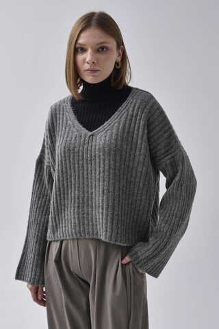 V Neck Crop Knit Sweater Anthracite - 5