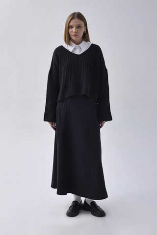 V Neck Crop Knit Sweater Black - 2