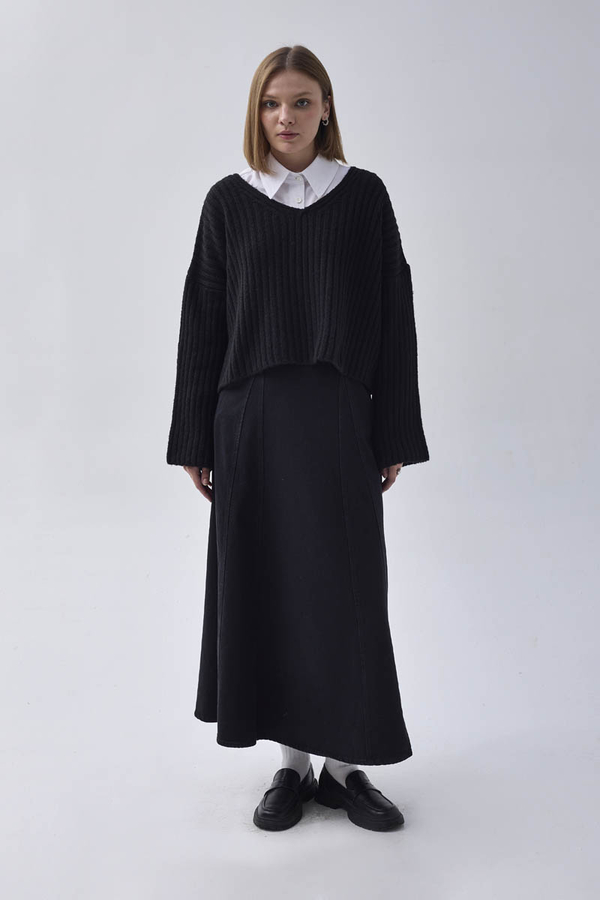 V Neck Crop Knit Sweater Black - 2