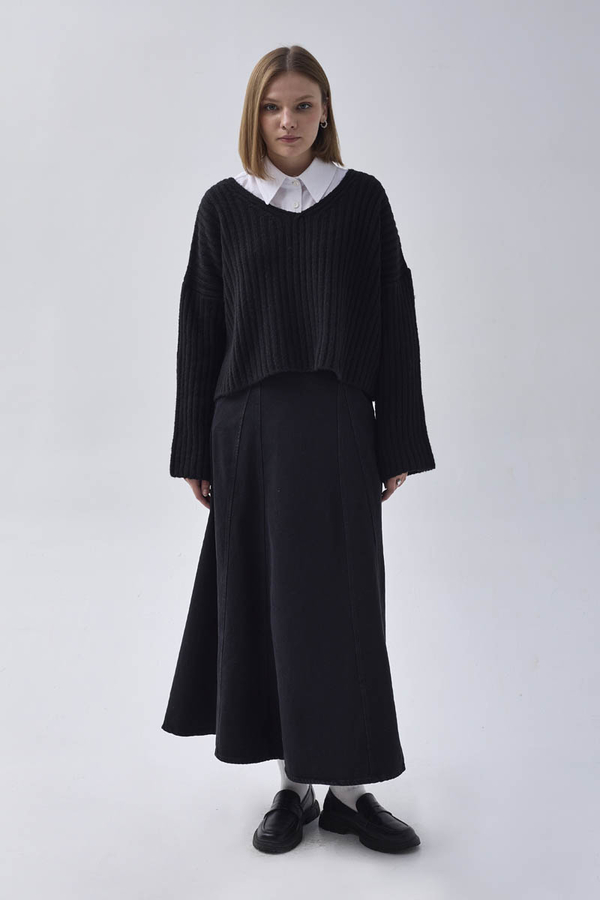 V Neck Crop Knit Sweater Black - 3