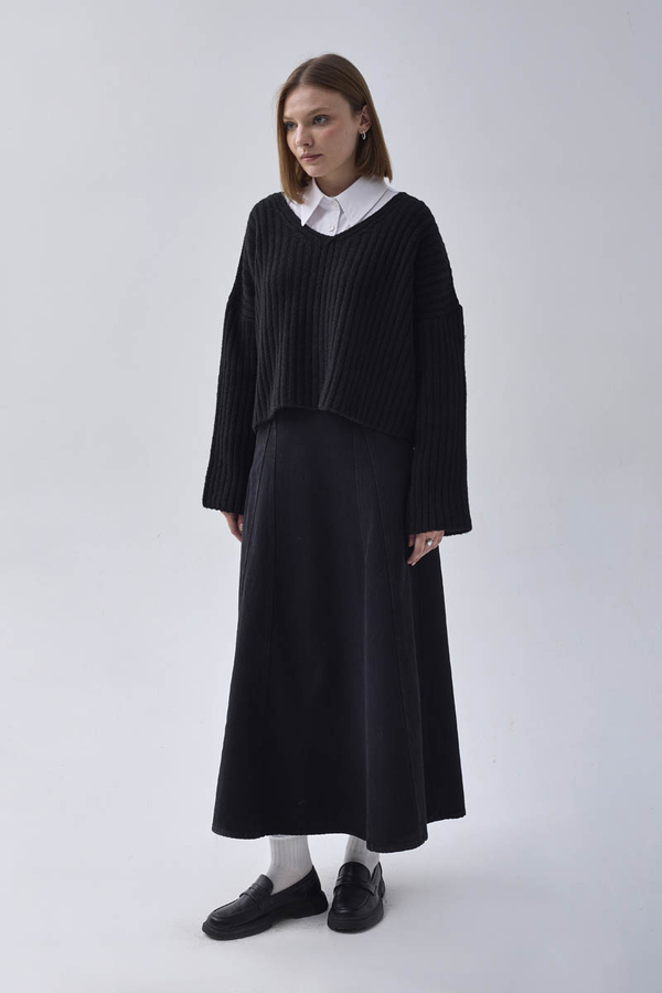 V Neck Crop Knit Sweater Black - 4