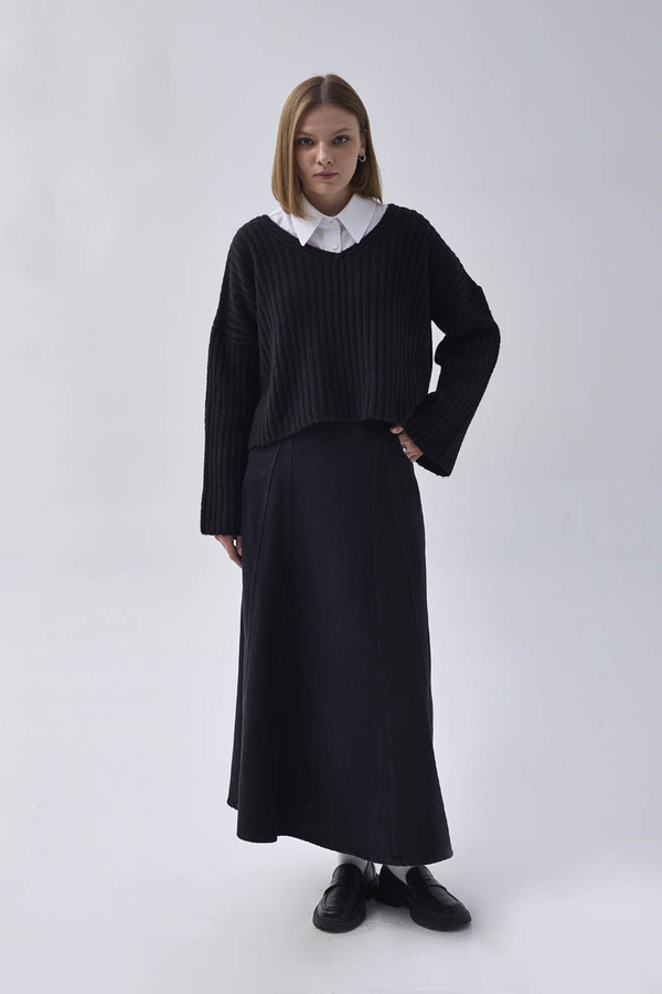 V Neck Crop Knit Sweater Black - 5