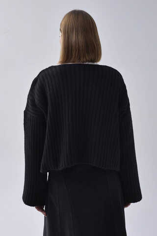 V Neck Crop Knit Sweater Black - 9