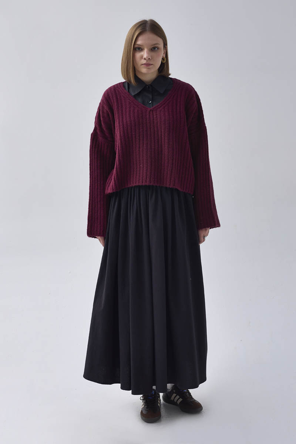 V Neck Crop Knit Sweater Cherry - 4