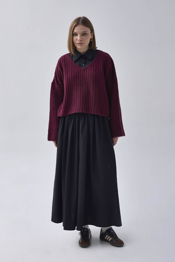 V Neck Crop Knit Sweater Cherry - 5