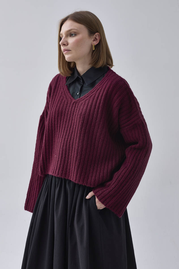 V Neck Crop Knit Sweater Cherry - 6