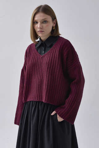 V Neck Crop Knit Sweater Cherry - 7