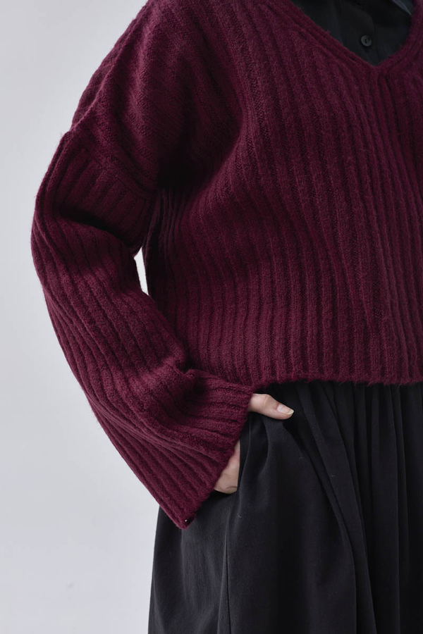 V Neck Crop Knit Sweater Cherry - 8