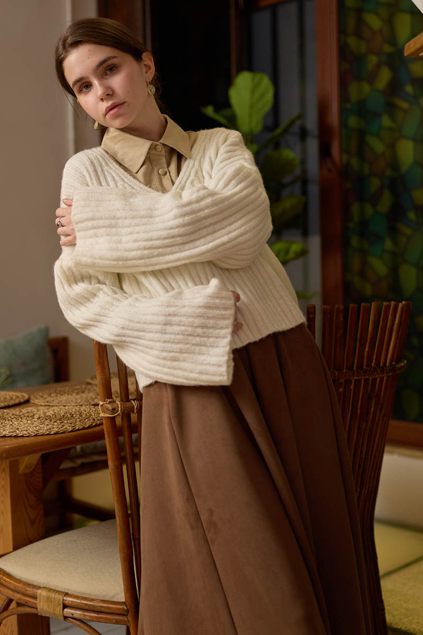 V Neck Crop Knit Sweater Ecru - 5