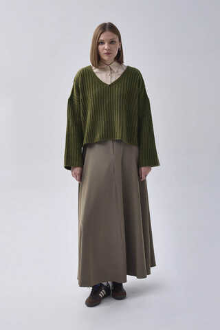 V Neck Crop Knit Sweater Khaki - 1