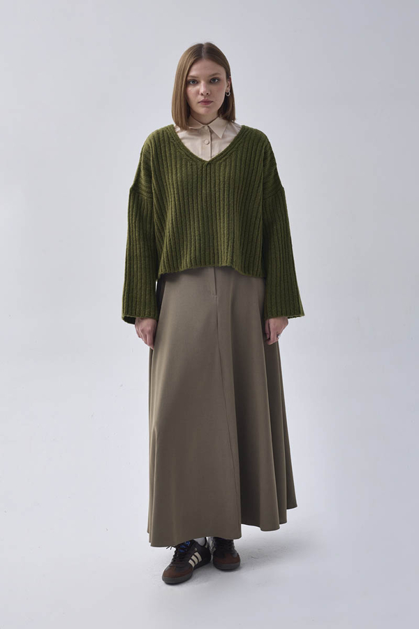 V Neck Crop Knit Sweater Khaki - 1