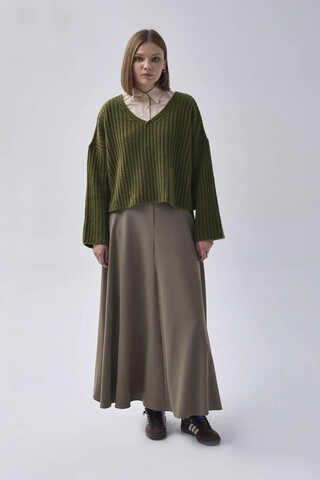 V Neck Crop Knit Sweater Khaki - 2