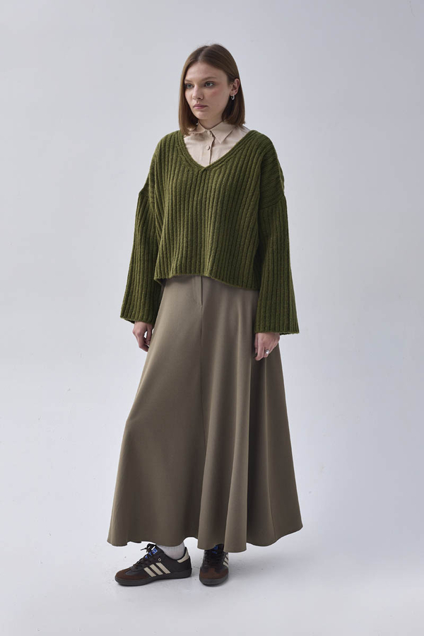 V Neck Crop Knit Sweater Khaki - 3