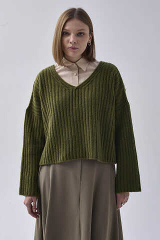 V Neck Crop Knit Sweater Khaki - 7