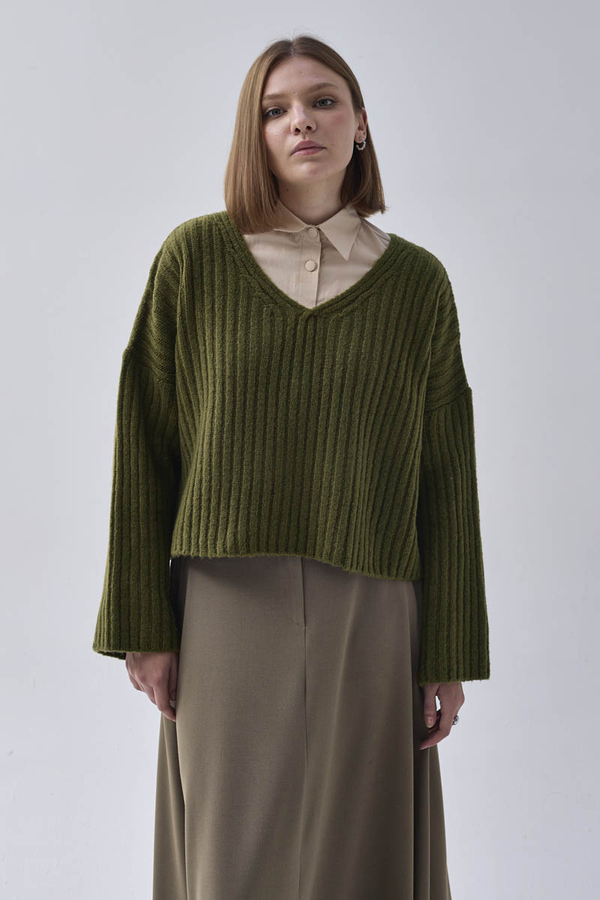 V Neck Crop Knit Sweater Khaki - 8