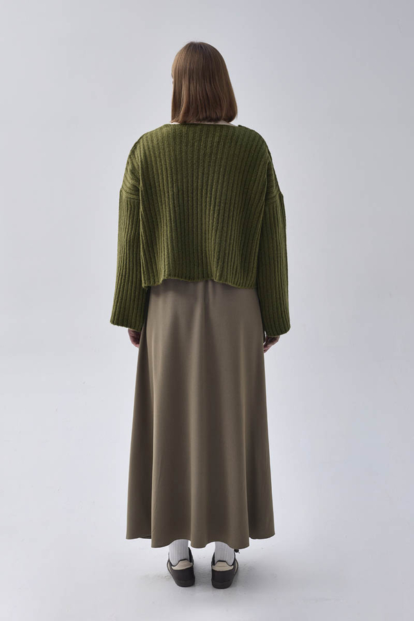 V Neck Crop Knit Sweater Khaki - 11