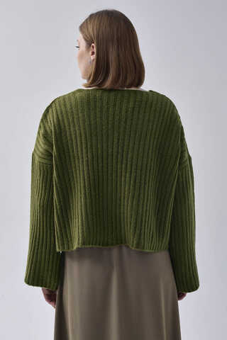 V Neck Crop Knit Sweater Khaki - 12