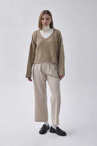 V Neck Crop Knit Sweater Mink - 2