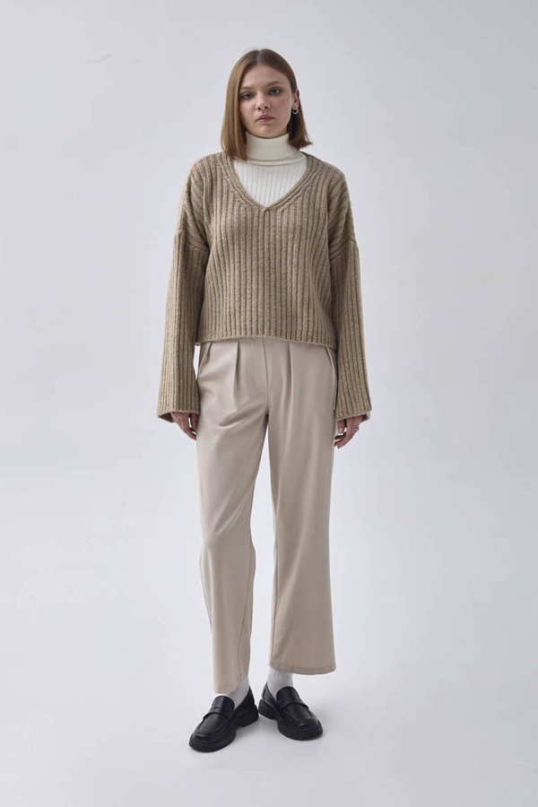 V Neck Crop Knit Sweater Mink - 4