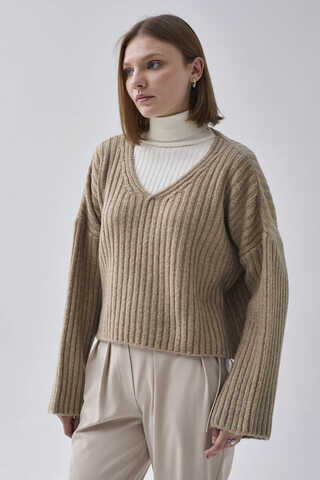 V Neck Crop Knit Sweater Mink - 6