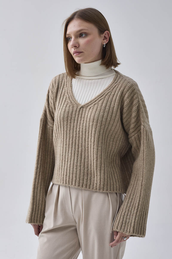 V Neck Crop Knit Sweater Mink - 6