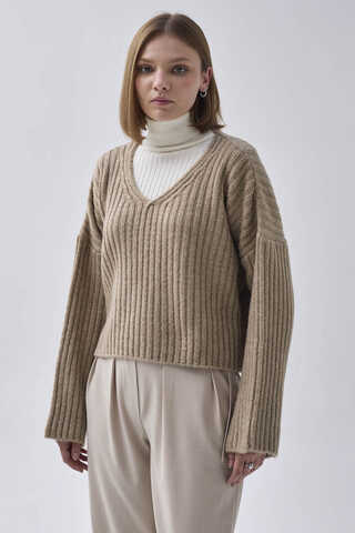 V Neck Crop Knit Sweater Mink - 8