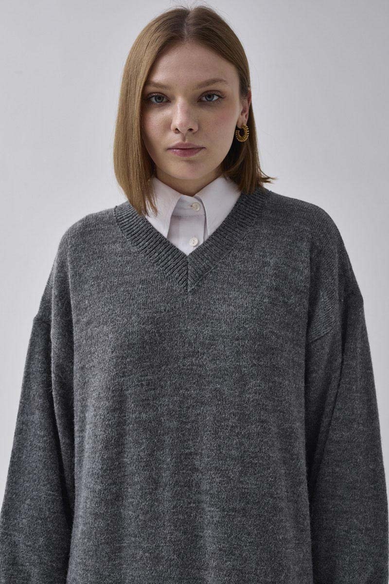 V-Neck Knit Dress Anthracite