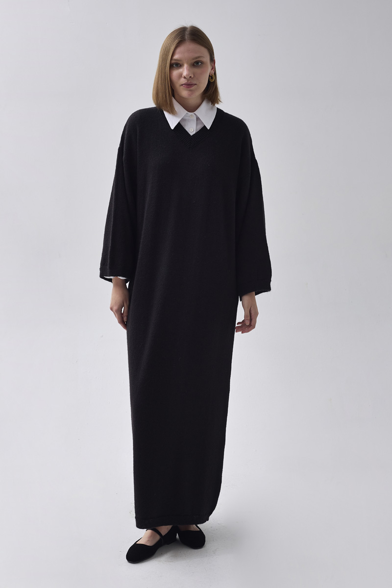 V-Neck Knit Dress Black