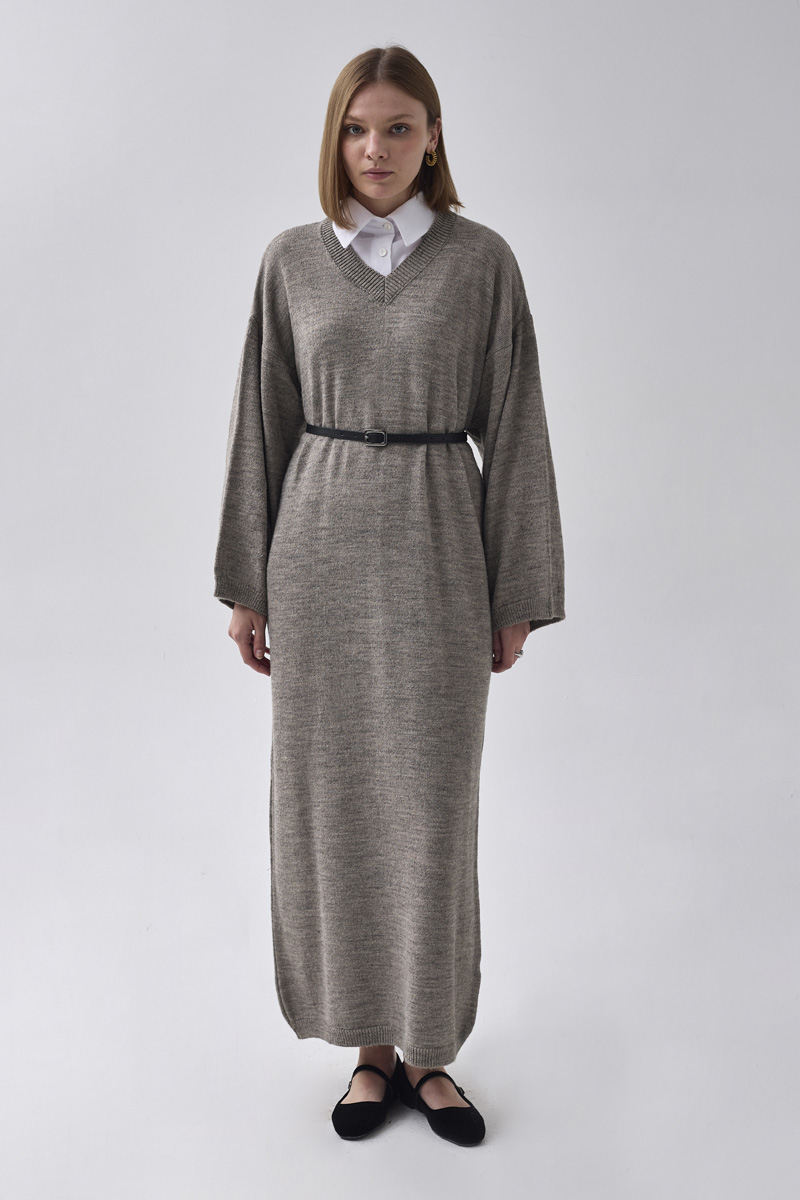 V-Neck Knit Dress Earth Tone