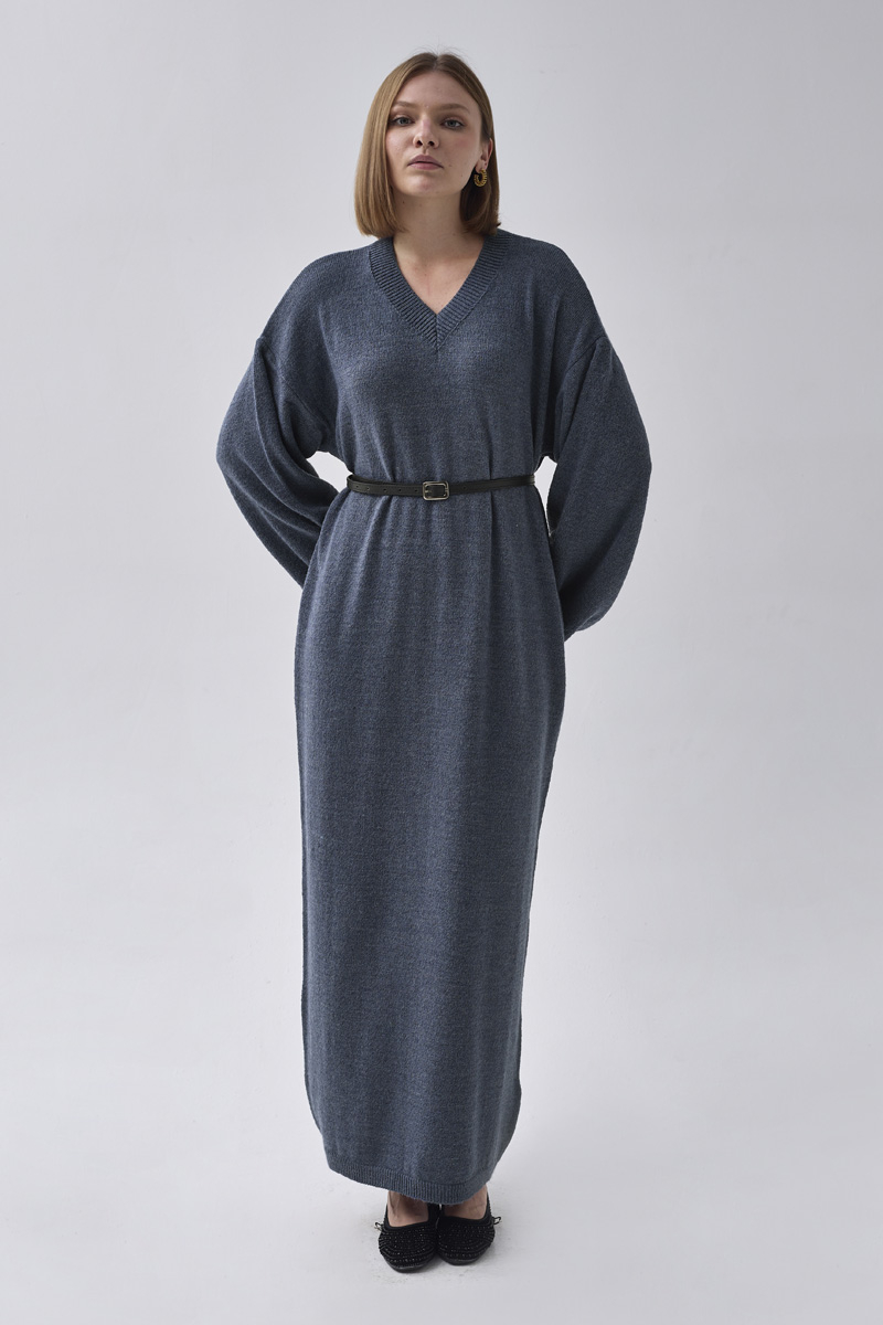 V-Neck Knit Dress Indigo