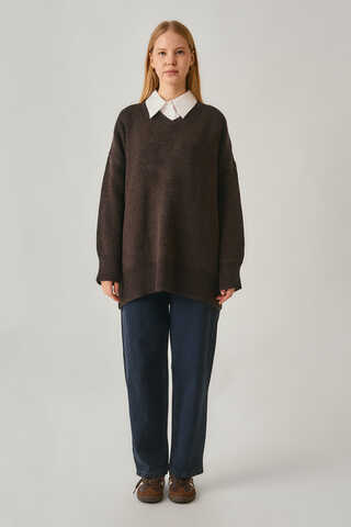 V-Neck Knit Sweater Brown - 2